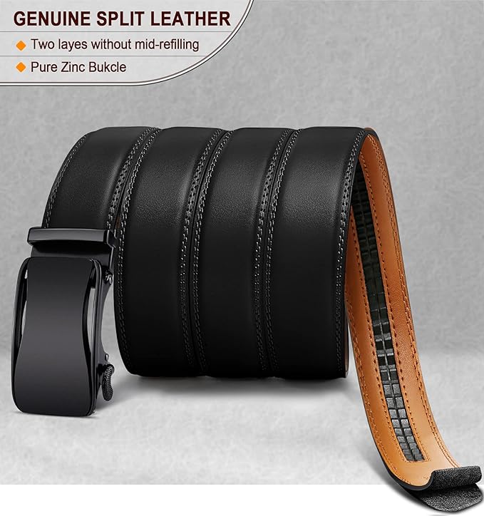BULLIANT Mens Ratchet Belt,Leather Adjustable Slide Belt For Gift Mens Dress Casual 1 3/8",Size Adjustable