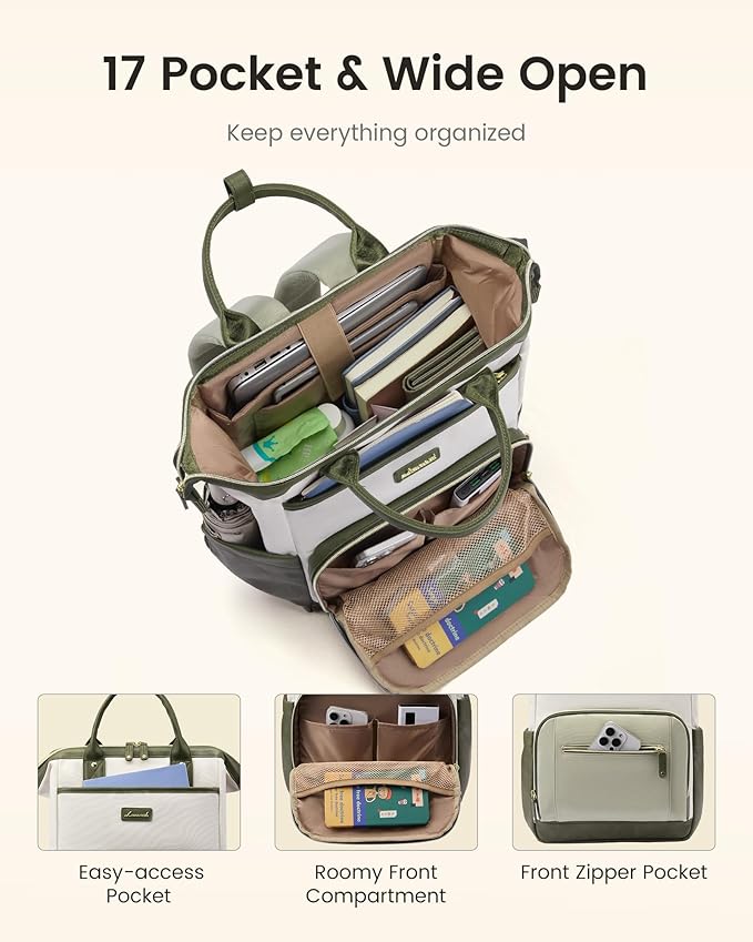 LOVEVOOK Laptop Backpack for Women with Giant Tumbler Holder,15.6 inch Professional Nurse Teacher Backpack Computer Laptop Bag,Cute Waterproof Travel Backpack Purse Work College Bag, Beige-Khaki
