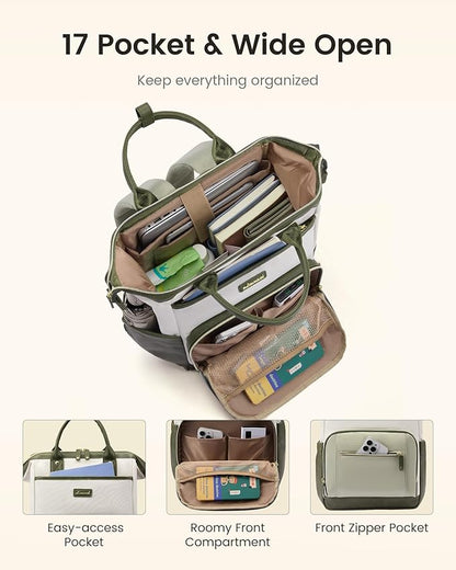 LOVEVOOK Laptop Backpack for Women with Giant Tumbler Holder,15.6 inch Professional Nurse Teacher Backpack Computer Laptop Bag,Cute Waterproof Travel Backpack Purse Work College Bag, Beige-Khaki