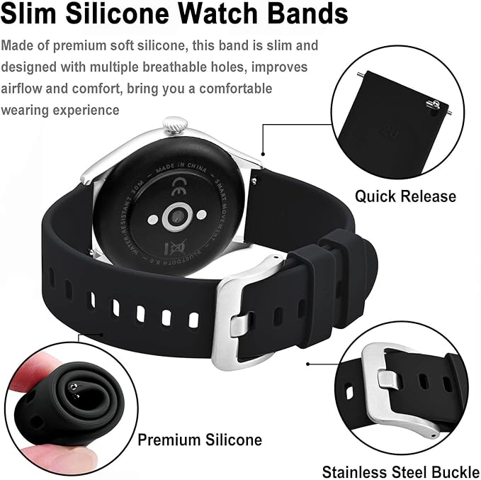 BISONSTRAP Silicone Watch Bands, Slim Watch Straps with Quick Release, 20mm, Black with Silver Buckle
