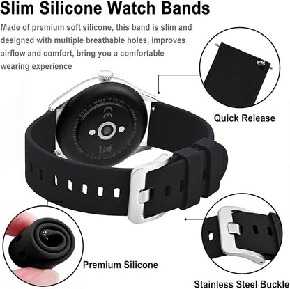 BISONSTRAP Silicone Watch Bands, Slim Watch Straps with Quick Release, 16mm, Black with Silver Buckle
