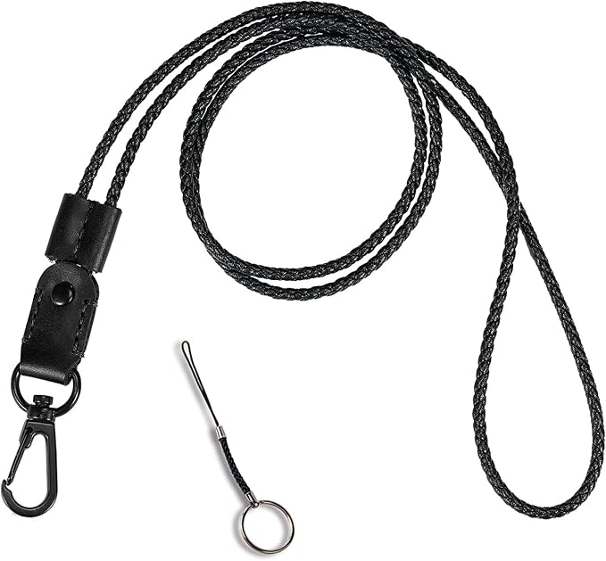 Lanyard, Leather Neck Lanyard for keys- Office Black ID Badges Lanyard Keychain with Metal Clasp for Card Holder, Car Keys, Wallet, USB, Phone