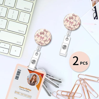 2 Pack Badge Reels Holder Retractable with ID Clip for Nurse Name Tag Card Nursing for Doctor Teacher Student Employee Office Medical Work (Cute Ribbon Bows)