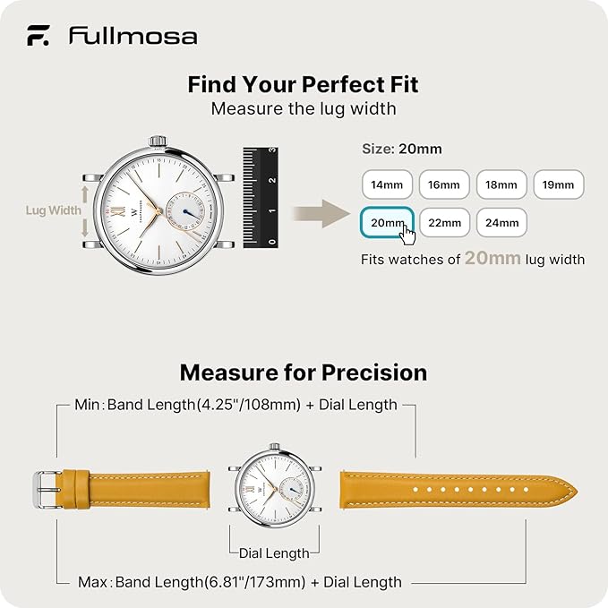 Fullmosa Watch Straps 20mm, Axus Series Leather Strap Replacement Watch Strap with Stainless Steel Metal Clasp for Men Women 14/16/18/20/22/24mm, Yellow 20mm
