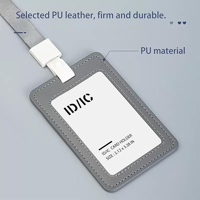 Leather ID Badge Holder with Lanyard for Women and Men, Vertical ID Card Holder, 2 Card Slots, 20 Inch Neck Lanyard for Work, School, Office