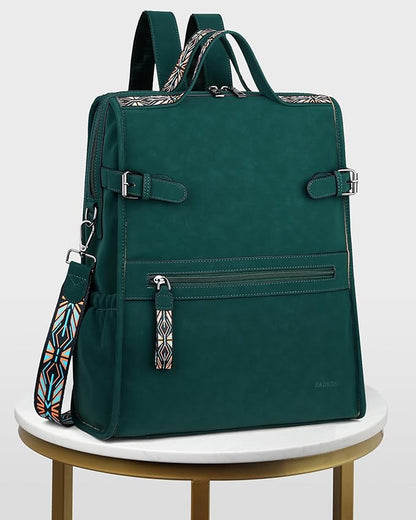 FADEON Leather Laptop Backpack for Women, Designer Ladies Work Travel Computer Backpack with Laptop Compartment Suede Green