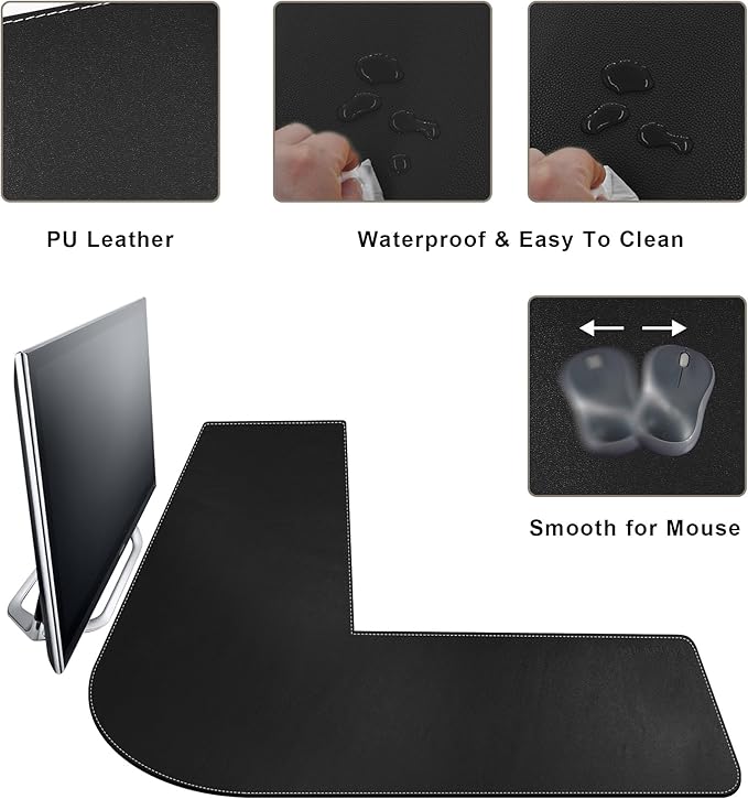 Mydours L-Shape Desk Pad, (38"+38) x 13" Large PU Leather Corner Desk Mat Blotter, XXL Large Waterproof Gaming Mouse Pad, Desktop Protector for Computer Keyboard Home Office (Black)