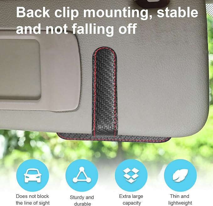 Dickno Small Leather Car Sun Visor Organizer, Multifunctional Auto Visor Document Holder with Sunglasses Clip, Universal Car Interior Organizer for Driving License, Card, Pen (Black&Red)