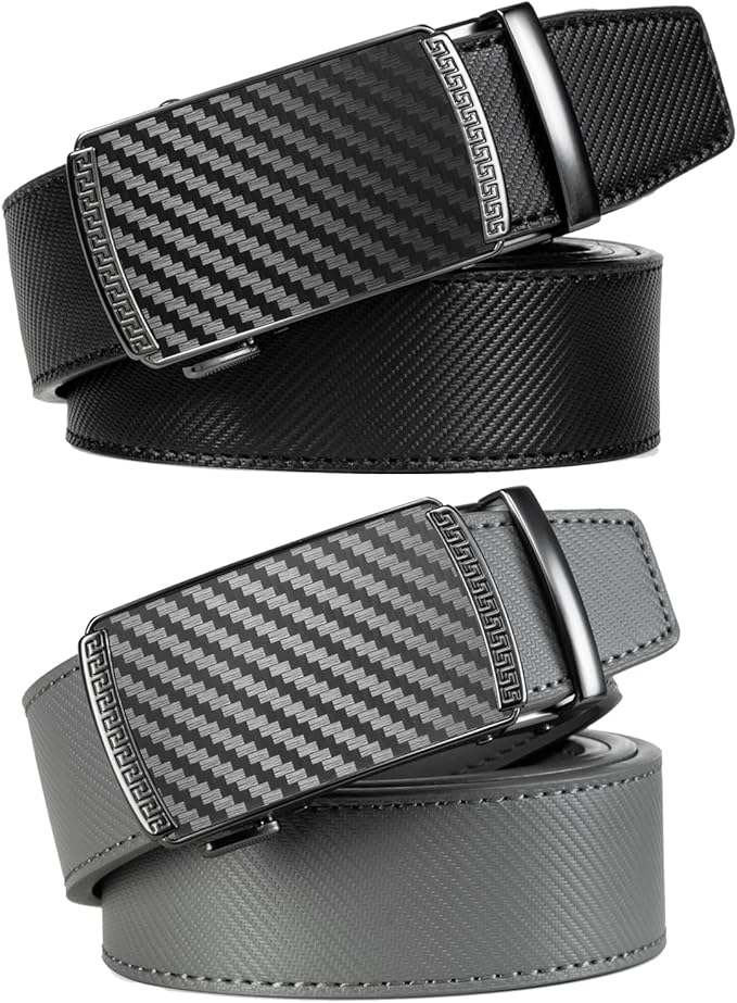 Founders & C Mens Belt 2 Pack,Leather Ratchet Click Belt Dress with Slide Buckle 1 3/8" in Gift Set Box- Size Adjustable