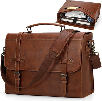 RAINSMORE Mens Messenger Bag 17 Inch Waterproof Vintage Leather Laptop Briefcase Large Laptop Bag Satchel Bag Computer Shoulder Bag for Office Business Travel College,Brown