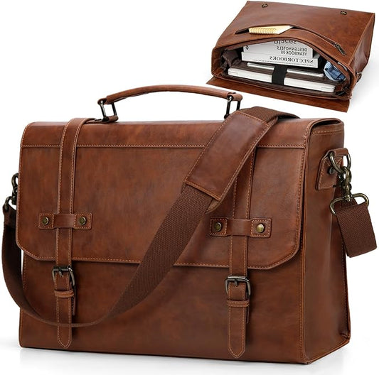 RAINSMORE Mens Messenger Bag 17 Inch Waterproof Vintage Leather Laptop Briefcase Large Laptop Bag Satchel Bag Computer Shoulder Bag for Office Business Travel College,Brown