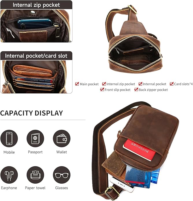 Genuine Leather Sling Bags for Men Crossbody Purse Vintage Small Messenger Shoulder Bag for Phone Side Chest Daypack Bag