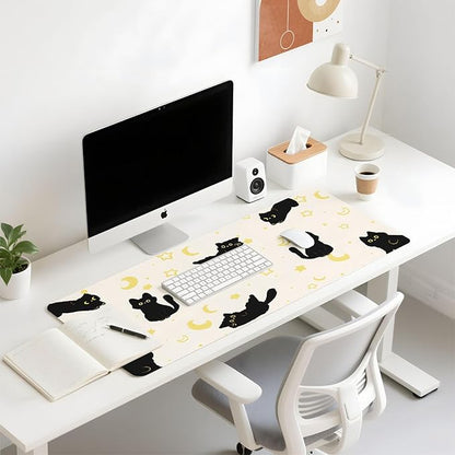 Mouse Pad Leather Desk Mat Large Keyboard Cute Office Desktop Computer Laptop XXL Long Big Aesthetic Modern Design Women Girls Gaming Gamer Oversized Wide Mousepad 31.5"x15.7", Black Cat