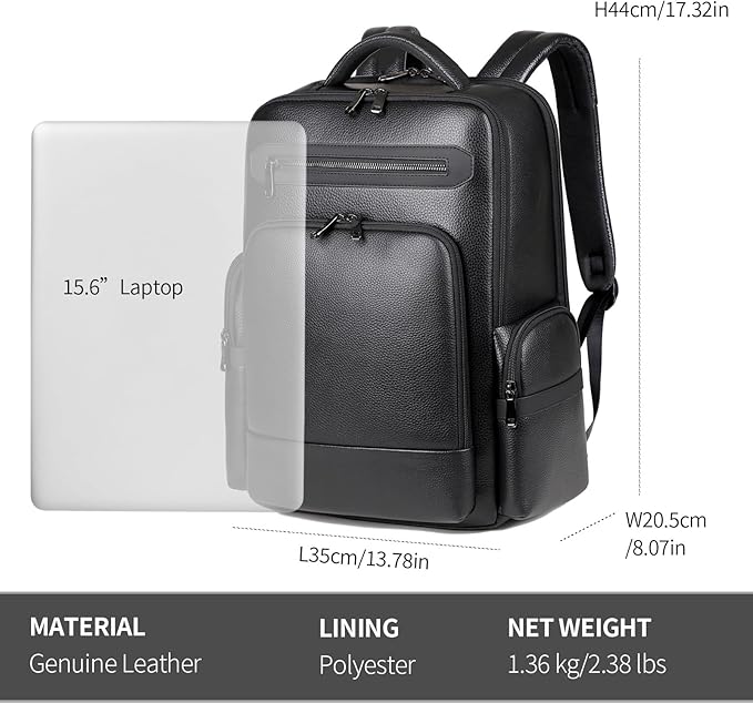 Genuine Leather Backpack for Men Business Black 15.6” Laptop with USB Charging Port Office Executive Mochila for Work Travel