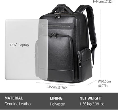 Genuine Leather Backpack for Men Business Black 15.6” Laptop with USB Charging Port Office Executive Mochila for Work Travel