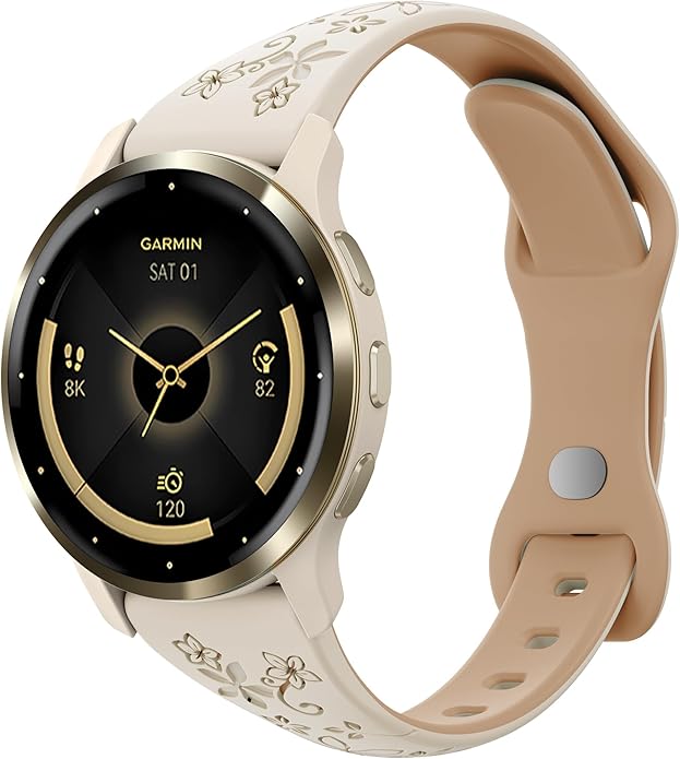 Laband 18mm Floral Engraved Band Compatible With Garmin Venu 3S 41mm/Venu 2S/Vivoactive 4S/Vivomove 3S/Venu 4 41mm/Forerunner 255S/Forerunner 265S,Soft Slim Silicone Cute Embossed Flower Strap for Men