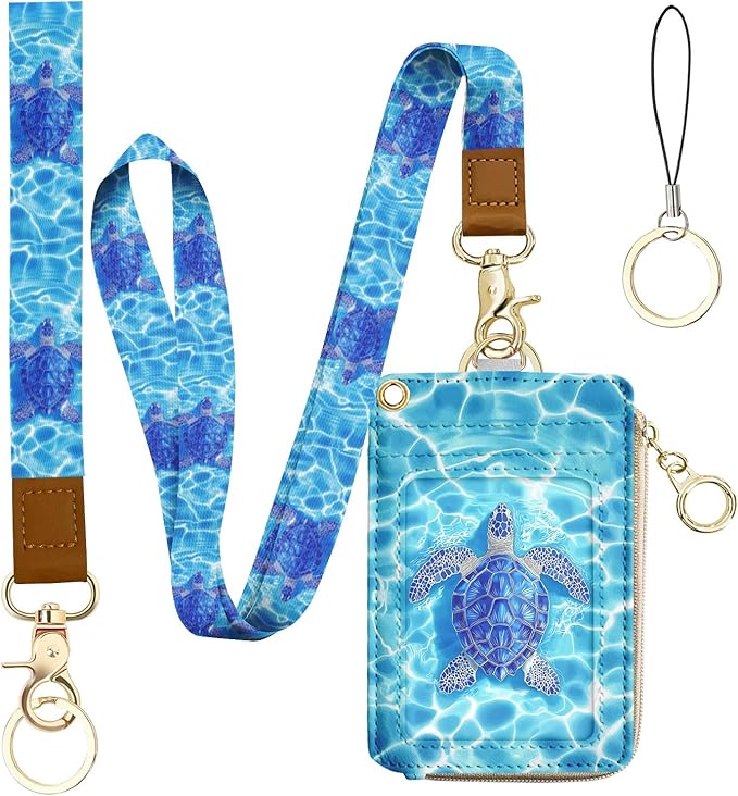 bolimoss Sea Turtle ID Badge Holder & Lanyard Wallet, Cute Leather Credit Card Holders with Removable Wristlet & Neck Lanyard, ID Name Badg 5 Card Slots Zipper Purses for Women Teacher