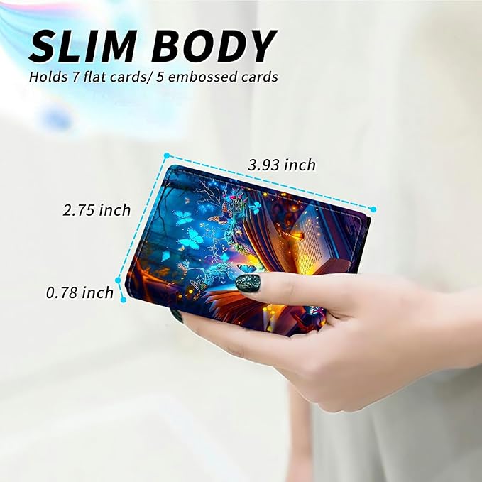 Minimalist Wallet for Men's Card Holders, Pop-Up Card Case Wallets for Women, Leather Automatic Credit Card Holder with Metal Money Clip RFID Blocking Bifold Pocket, Book Blue Butterfly