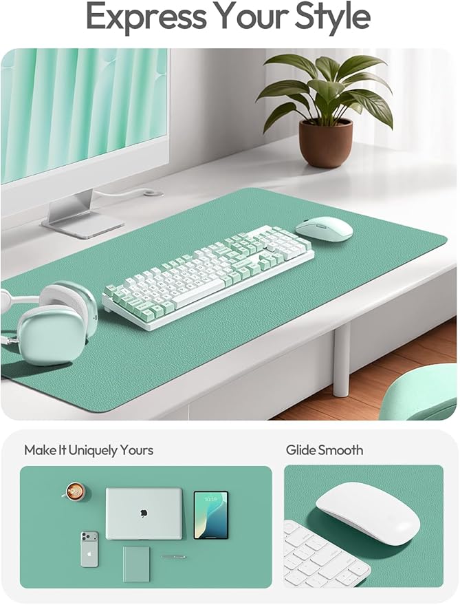 YSAGi Leather Desk Protector, Office Mat, Large Mouse Mat, Non-Slip PU Leather Blotter, Laptop Desk, Waterproof Writing Pad for Office and Home (Green-Blue, 35.4" x 17")