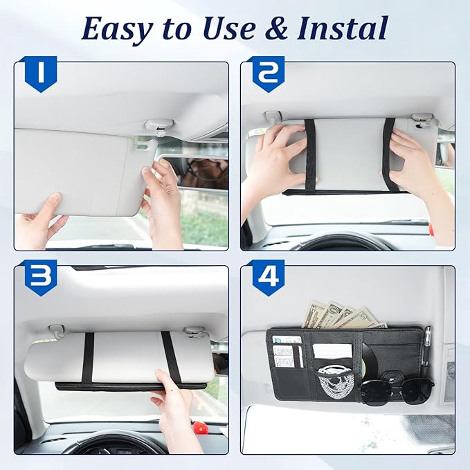 Amiss Car Sun Visor Organizer with Double Zippers, Multi-Pockets for Glasses, Pens, Cards & Documents, Universal Storage Pouch, Fits Most Cars, SUVs and Trucks, Car Interior Accessories (Black)
