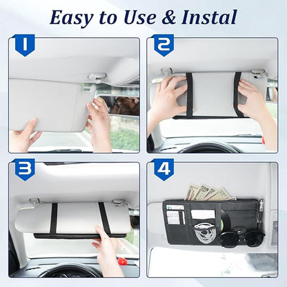 Amiss Car Sun Visor Organizer with Double Zippers, Multi-Pockets for Glasses, Pens, Cards & Documents, Universal Storage Pouch, Fits Most Cars, SUVs and Trucks, Car Interior Accessories (Black)