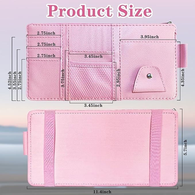 Sun Visor Organizer (Pink),Car Visor Storage Holder for Sunglasses, Documents, Cards & Pen,Zipper Pocket,Fits Sedans, Trucks, SUVs,Auto Interior Accessory