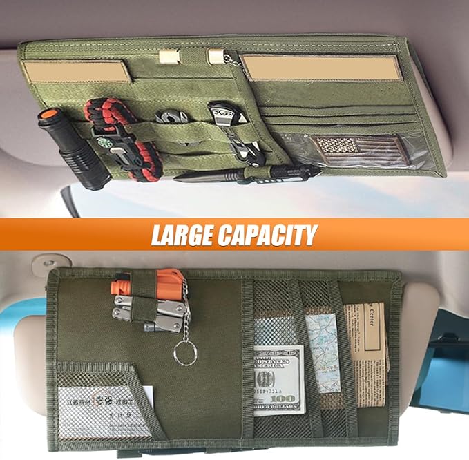 ZIMISI Tactical Molle Car Visor Organizer, 600D Oxford Cloth Truck Visor Molle Panel Sunshade Storage Pouch Holder with Multi-Pocket, Tactical Gear Car Sun Visor Organizer for Most Cars (Army Green)