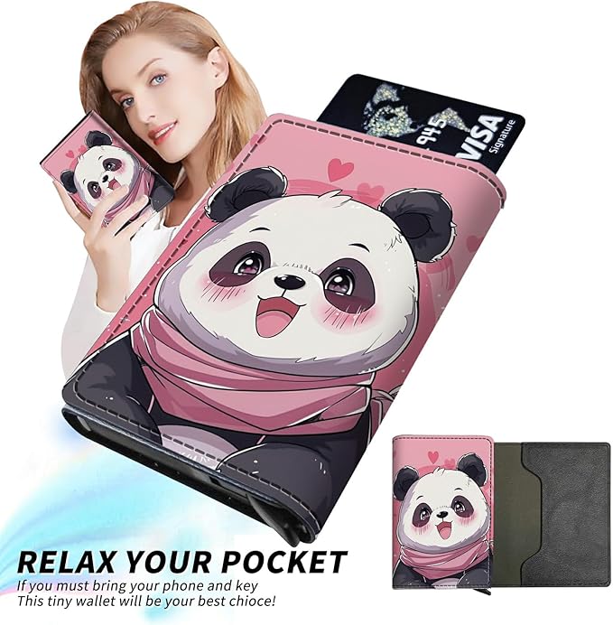 Pink Panda Minimalist Wallet for Men, Pop Up Card Case Wallet for Women, PU Leather Automatic Credit Card Holder Metal Money Clip Wallet RFID Blocking Bifold Pocket Wallet