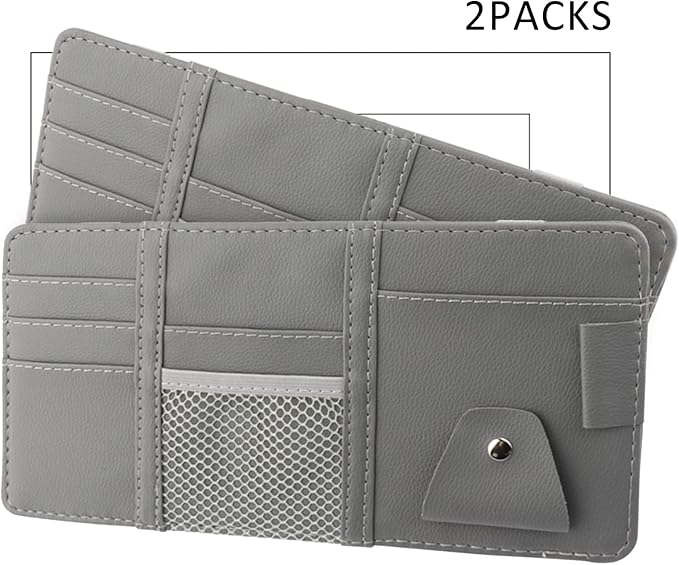 2 Packs Gray Car Sun Visor Organizer, Sunglasses Holders for Car Sun Visor, PU Leather, Auto Interior Accessories Storage Travel Document Holder with Multi Pocket