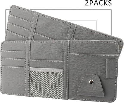 2 Packs Gray Car Sun Visor Organizer, Sunglasses Holders for Car Sun Visor, PU Leather, Auto Interior Accessories Storage Travel Document Holder with Multi Pocket