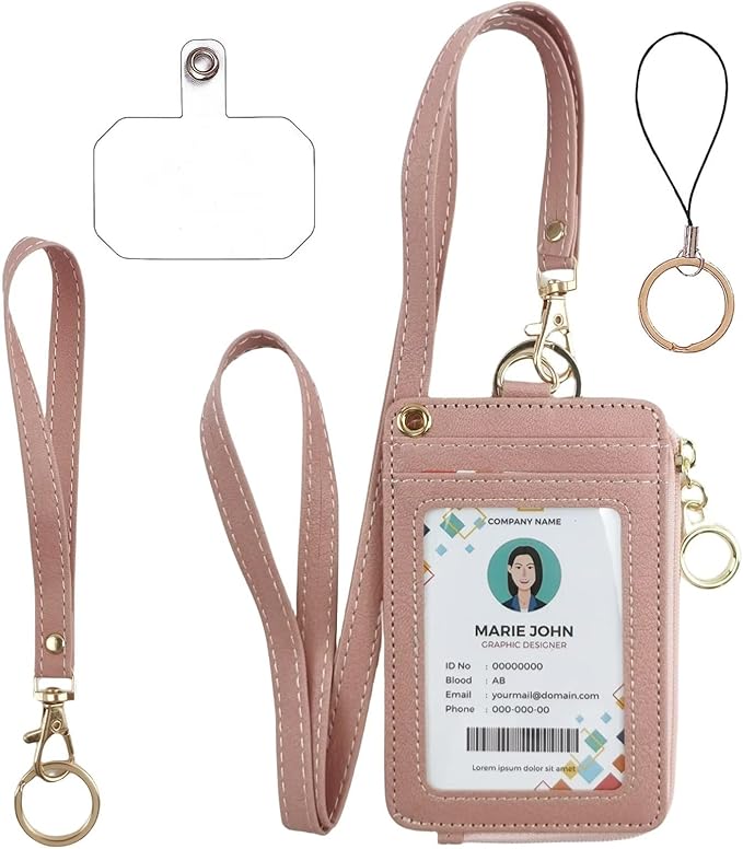 bolimoss Id Badge Holder with Neck Lanyard Pu Leather Wallet,Pink Lanyard with Id Holders,Wristlet & Long Lanyard, 1 Clear Window, 4 Credit Card Slots, Phone Holder, Ring Keychain,Zipper Pouch