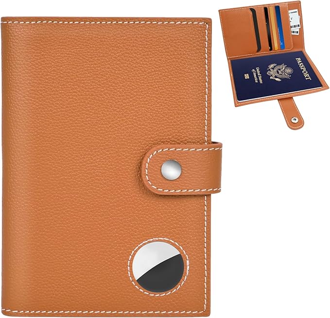 Genuine Leather Passport Holder for Travel, RFID Blocking Passport Wallet with Tracker Holder, Slim Passport Cover Travel Wallet for Women Men, Airport Essentials (Brown)