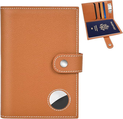 Genuine Leather Passport Holder for Travel, RFID Blocking Passport Wallet with Tracker Holder, Slim Passport Cover Travel Wallet for Women Men, Airport Essentials (Brown)