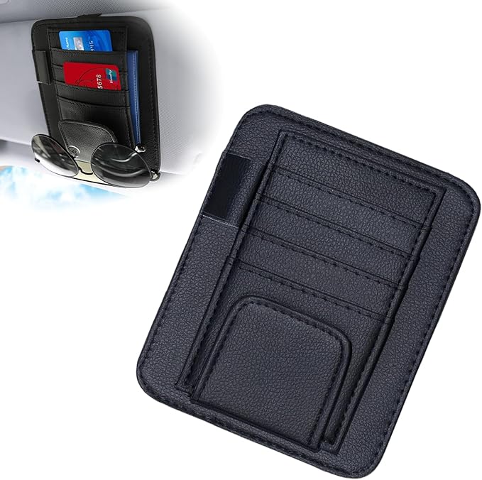 Car Sun Visor Organizer, Sunvisor Organizers with Sunglass Holder & Card Sleeve Pocket, Leather Car Sunglass Holder for Most Vehicle of Trucks, SUVs, Black