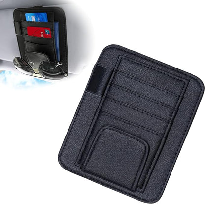 Car Sun Visor Organizer, Sunvisor Organizers with Sunglass Holder & Card Sleeve Pocket, Leather Car Sunglass Holder for Most Vehicle of Trucks, SUVs, Black