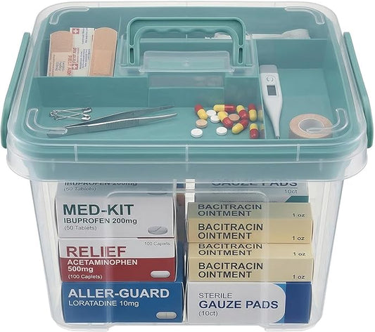 Pulseplay Clear Medicine Organizer Storage Box with Handle Medicine Organizer Box with Removable Tray Multipurpose Medicine Container Chest (Green)