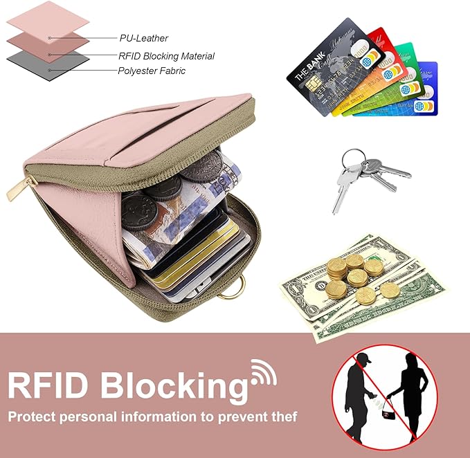 Pink PU Leather Lanyard Wallet with ID Badge Holder with 1 Zip Pocket and 3 Card Slots Keychain for Office School Business