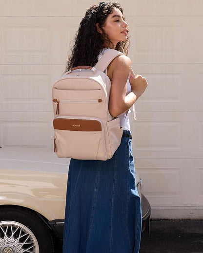 LOVEVOOK Laptop Backpack for Women with Leather Trim & Tumbler Pockets, 17.3" Work Backpack Purse, Travel Personal Item Bag, Carry On Business Computer Bag for Office, School, or Gift, Apricot Brown