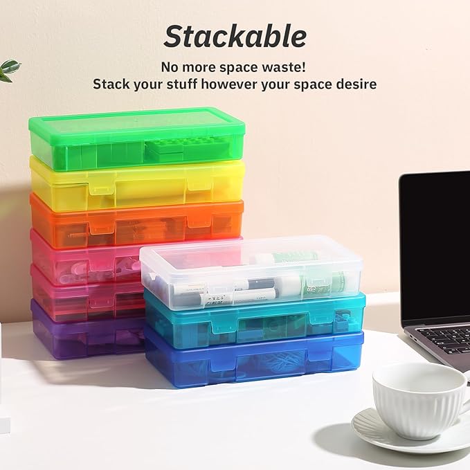 novelinks Plastic Small Storage Bins with Lids for Organizing, Mini Clear Storage Containers and Stackable Storage Box Organizer for Pencil Boxes, Task Boxes, Crayon Boxes (9 Pack Medium -Color)