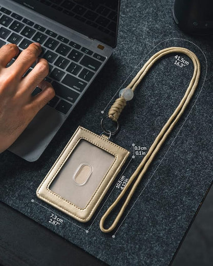VULKIT ID Badge Holder with Lanyard for Women and Men Vertical Leather Badge Holder with Clear ID Window Card Holder Slot and Money Pocket Gold