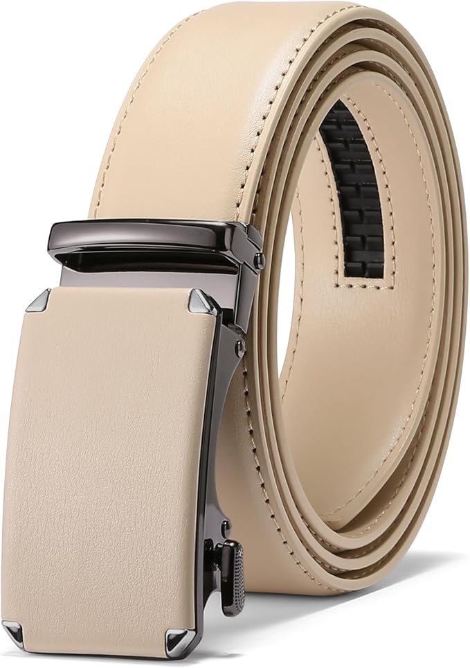 GAEKEAO Ratchet Belts for Men Dress Casual 1 3/12" Adjustable Genuine Leather Slide Buckle Designer Belt with Box Trim to Fit
