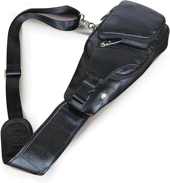 Water Resistant Canvas + Leather Hiking Travel DayPack Sling Crossbody Triangle Chest Pack Bag For Men Women FB8013 (100% Genuine Leather-8015-C-Black)