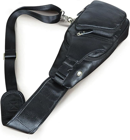 Water Resistant Canvas + Leather Hiking Travel DayPack Sling Crossbody Triangle Chest Pack Bag For Men Women FB8013 (100% Genuine Leather-8015-C-Black)
