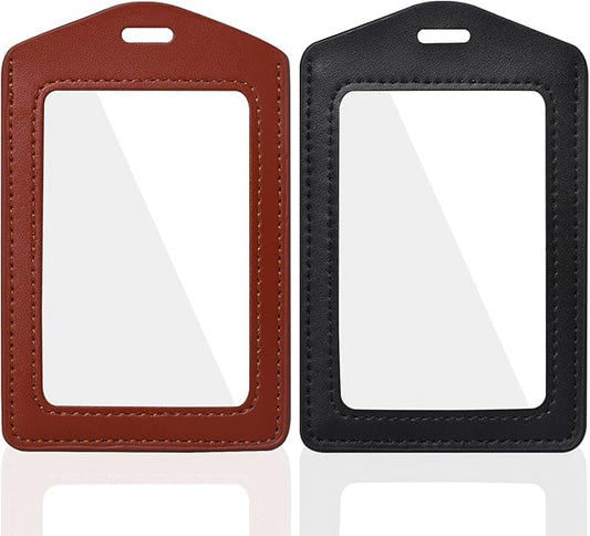 2 Pack Genuine Leather ID Badge Holders, Vertical ID Card Holders with Dual-Side Clear Window, Waterproof Name Badge Holde Suit for Office, Staff, Students, Employees