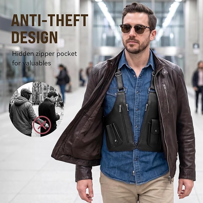 Large Double Shoulder Armpit Bag for Men 2026 Upgraded Anti-Theft Underarm Holster Bag Vintage PU Leather Concealed Crossbody Wallet Phone Pouch for Travel Outdoor Cycling Work