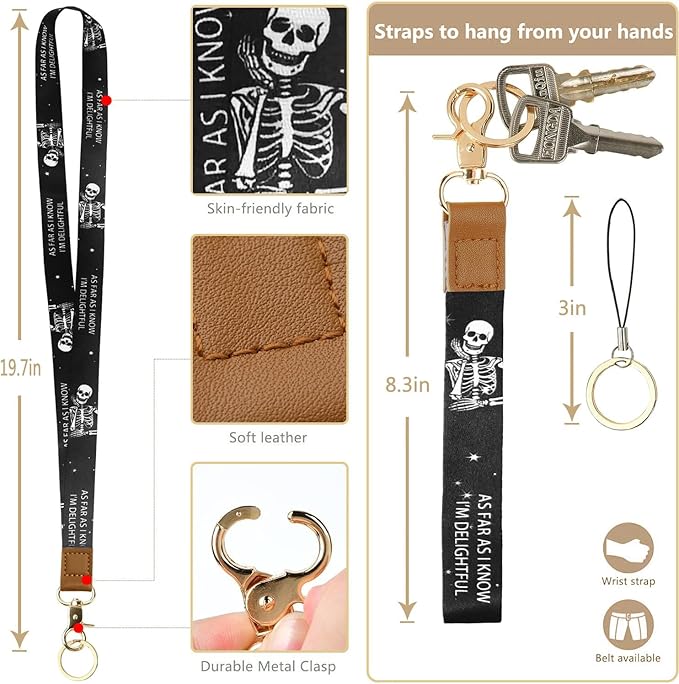 2-in-1 Lanyard Wallet &ID Badge Holder, Breakaway Wristlet & Neck Lanyard with Zip ID Case, Leather ID Card Holder Keychain Name Badge Clip for Worker Nurse Teacher (As Far As I Know I'm Delightful)