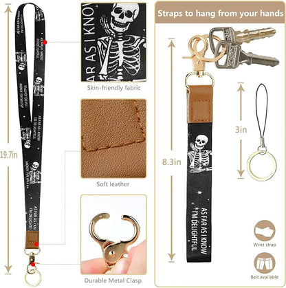 2-in-1 Lanyard Wallet &ID Badge Holder, Breakaway Wristlet & Neck Lanyard with Zip ID Case, Leather ID Card Holder Keychain Name Badge Clip for Worker Nurse Teacher (As Far As I Know I'm Delightful)