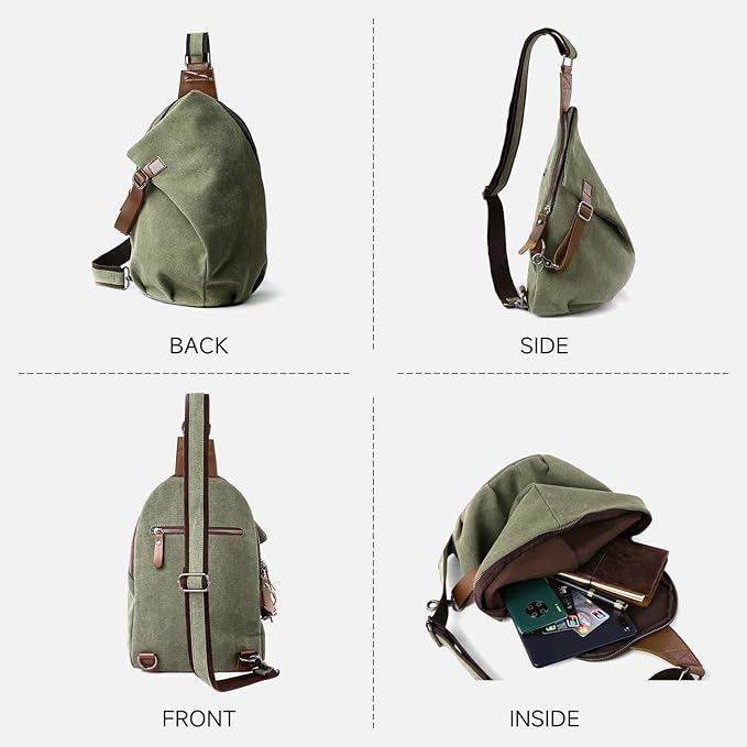 MOYYI Canvas Sling Bag for Men Women, 10L Crossbody Bag Small Backpack, Casual Daypack with Anti-Theft Pocket, Vintage Canvas Shoulder Bags for Travel, Daily, Hiking, Work (Green)
