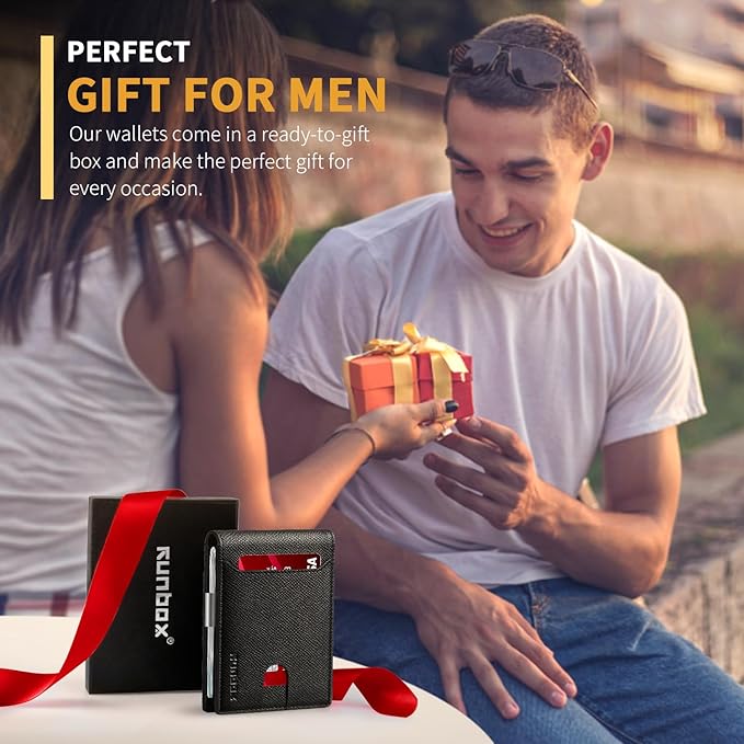 RUNBOX Slim Wallets for Men - Leather Money Clip Mens Wallet - RFID Blocking Front Pocket Bifold Wallet - Thin Credit Card Holder with Gift Box