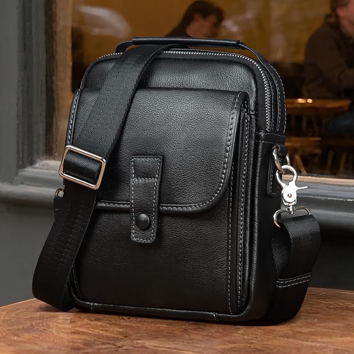 Augus Leather Small Messenger Bag For Men Crossbody Handbag Shoulder Sling Travel Bags for Men Purse Daypack Magnetic Buckle